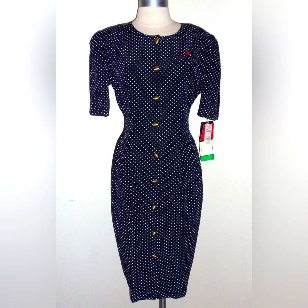 S.L. Fashion Vintage Navy Blue Polka Dots Shirtdress Size 14